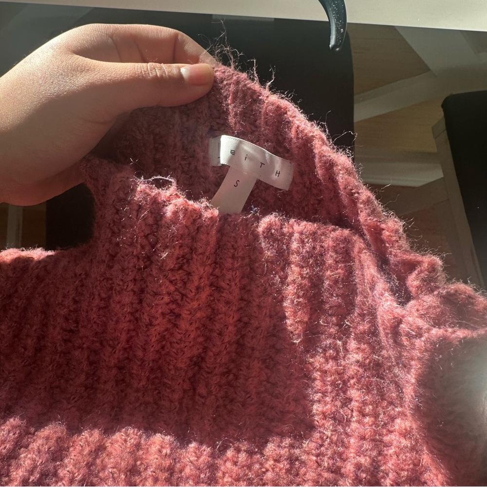 Pink Raspberry Ribbed Knit Mock Neck Chunky Sweater - Picture 3 of 4